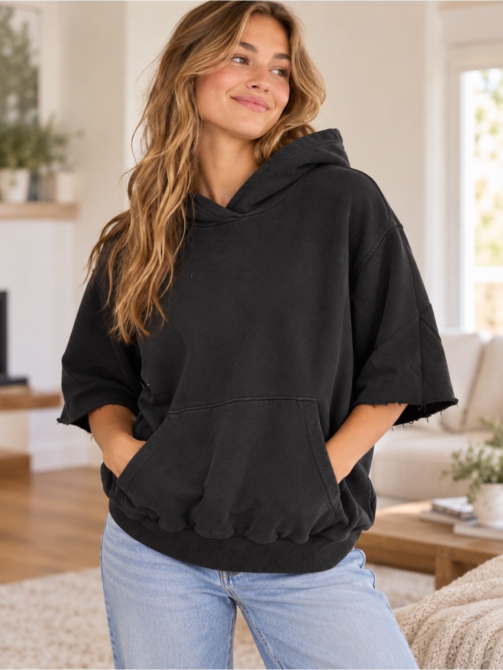 Aerie Small Oversized Raw Hemmed Short Sleeve Black Hoodie Sweater